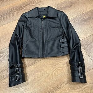 Leather and crystal moto jacket